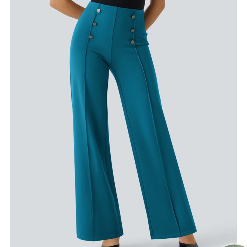 HALARA Teal Button-Detail Wide-Leg Pants
